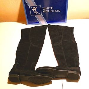 White Mountain, black suede over the knee boot, no zipper, worn, good condition.